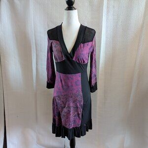 Tricotto Patchwork Paisley Dress Black Purple Mesh Detail Small Art to wear Y2K